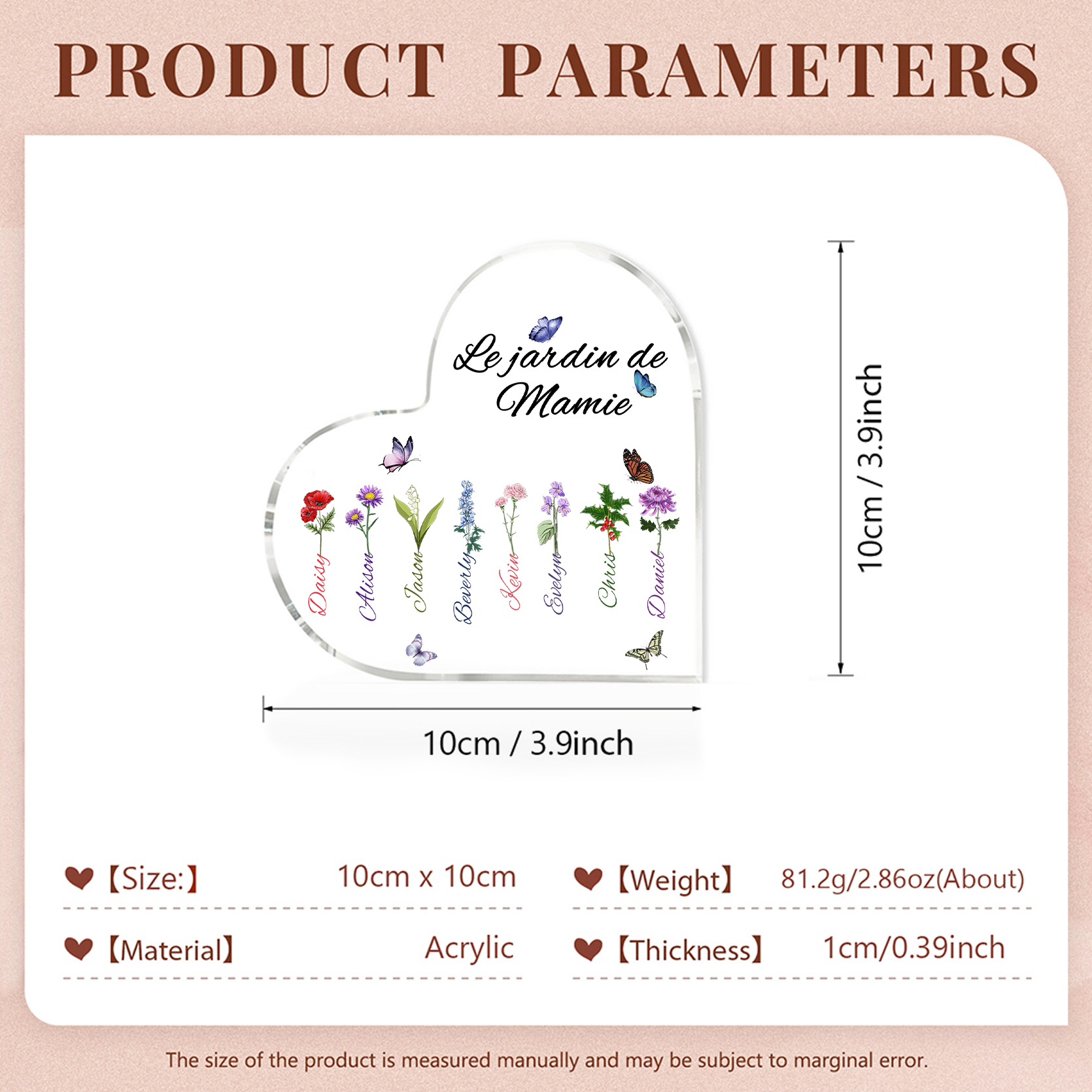 Plaque Acrylique Fleur Le jardin de Mamie 8 Prénoms Personnalisés avec texte Cadeau pour mamie | Jessemade