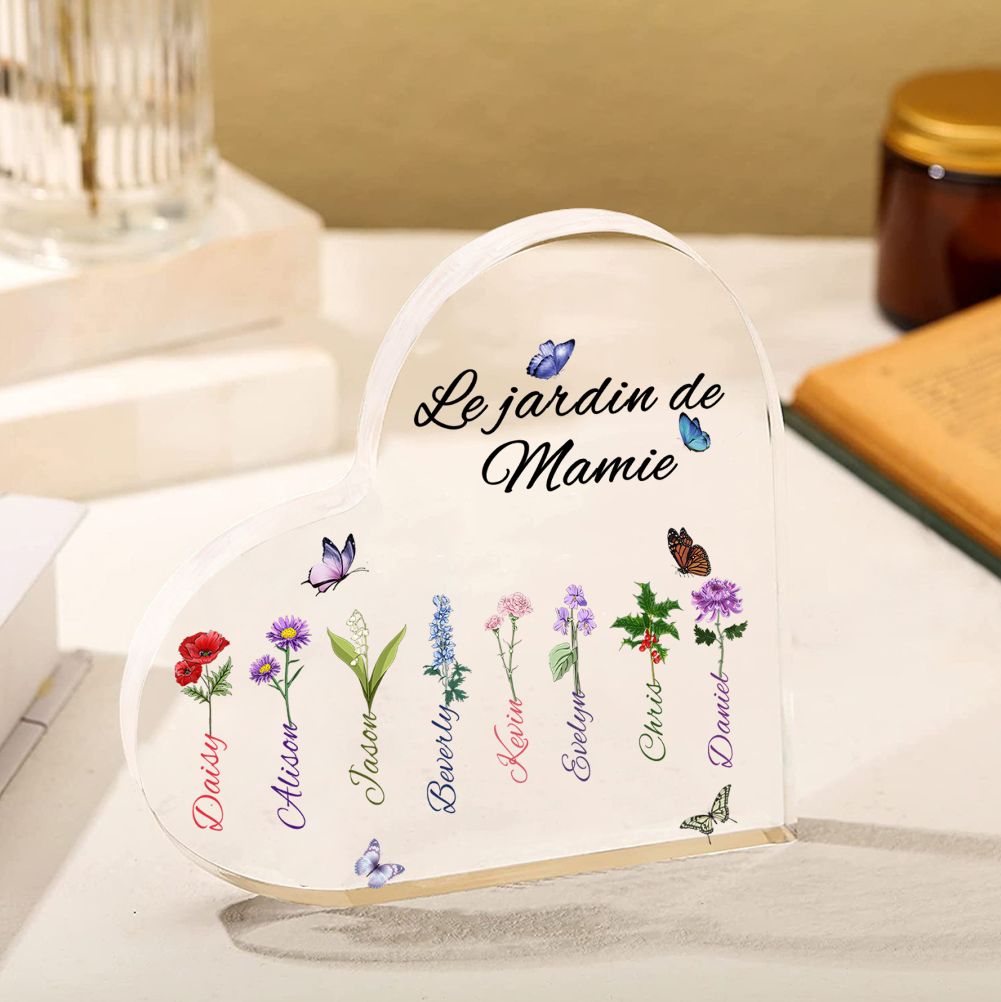 Plaque Acrylique Fleur Le jardin de Mamie 8 Prénoms Personnalisés avec texte Cadeau pour mamie | Jessemade