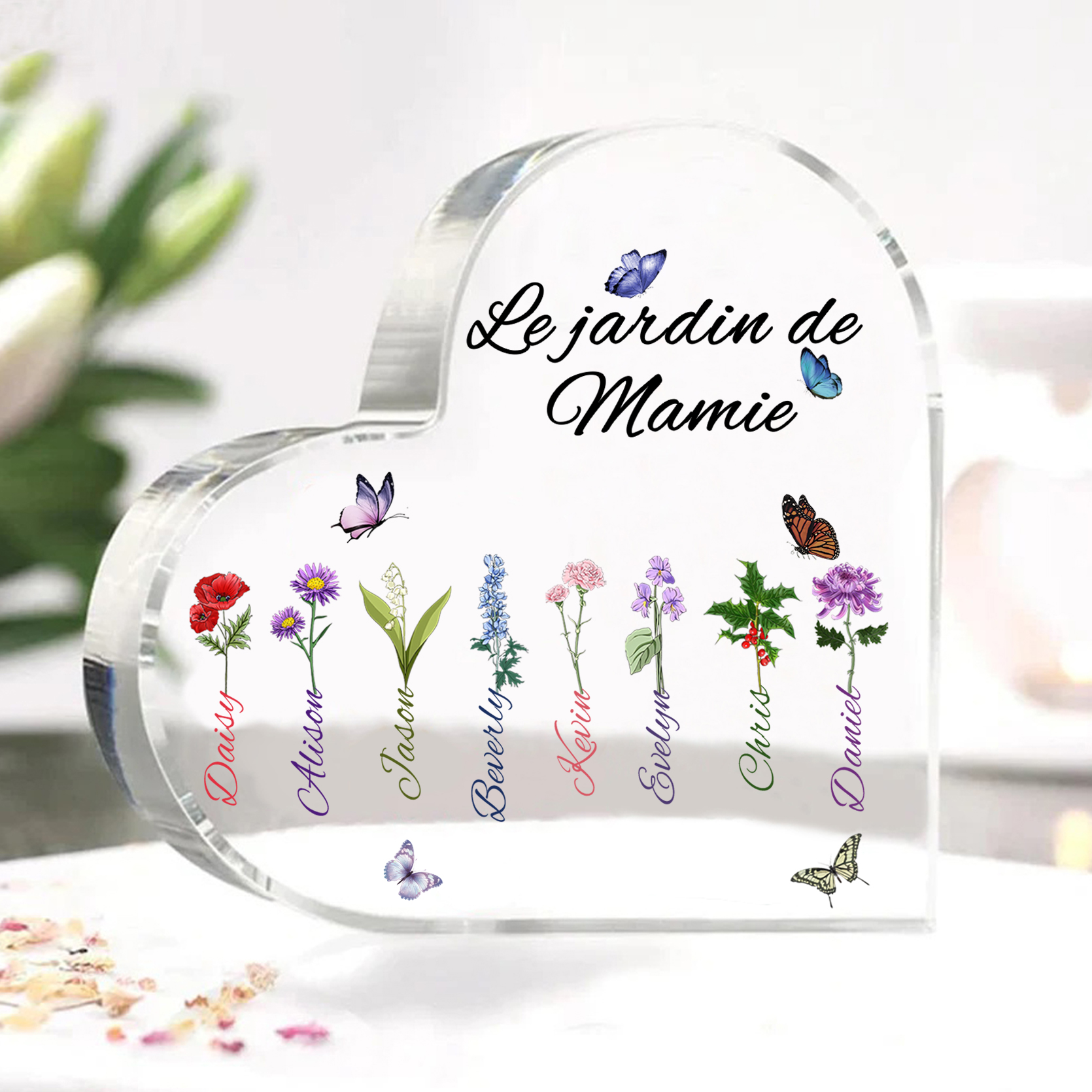 Plaque Acrylique Fleur Le jardin de Mamie 8 Prénoms Personnalisés avec texte Cadeau pour mamie | Jessemade