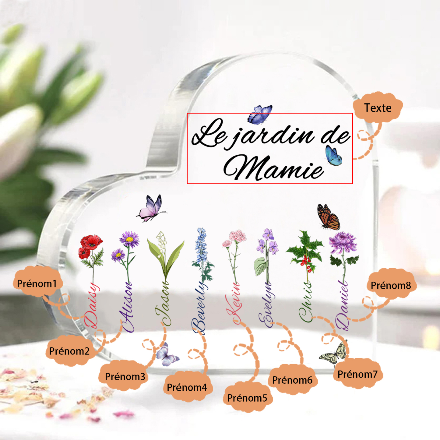 Plaque Acrylique Fleur Le jardin de Mamie 8 Prénoms Personnalisés avec texte Cadeau pour mamie | Jessemade
