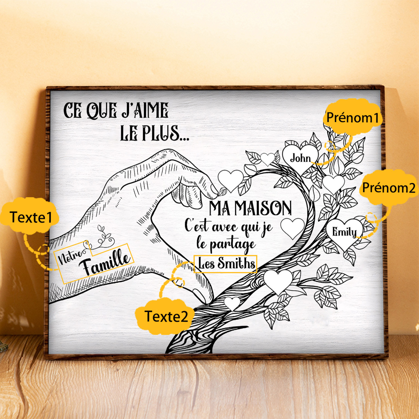 Cadre imprimé en bois main et arbre de la famille 1 Prénom personnalisé Cadeau pour famille|Jessemade
