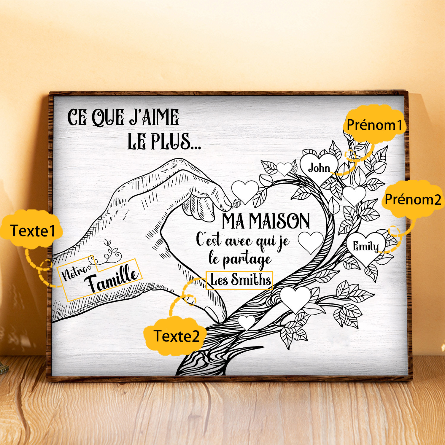 Cadre imprimé en bois main et arbre de la famille 1 Prénom personnalisé Cadeau pour famille|Jessemade