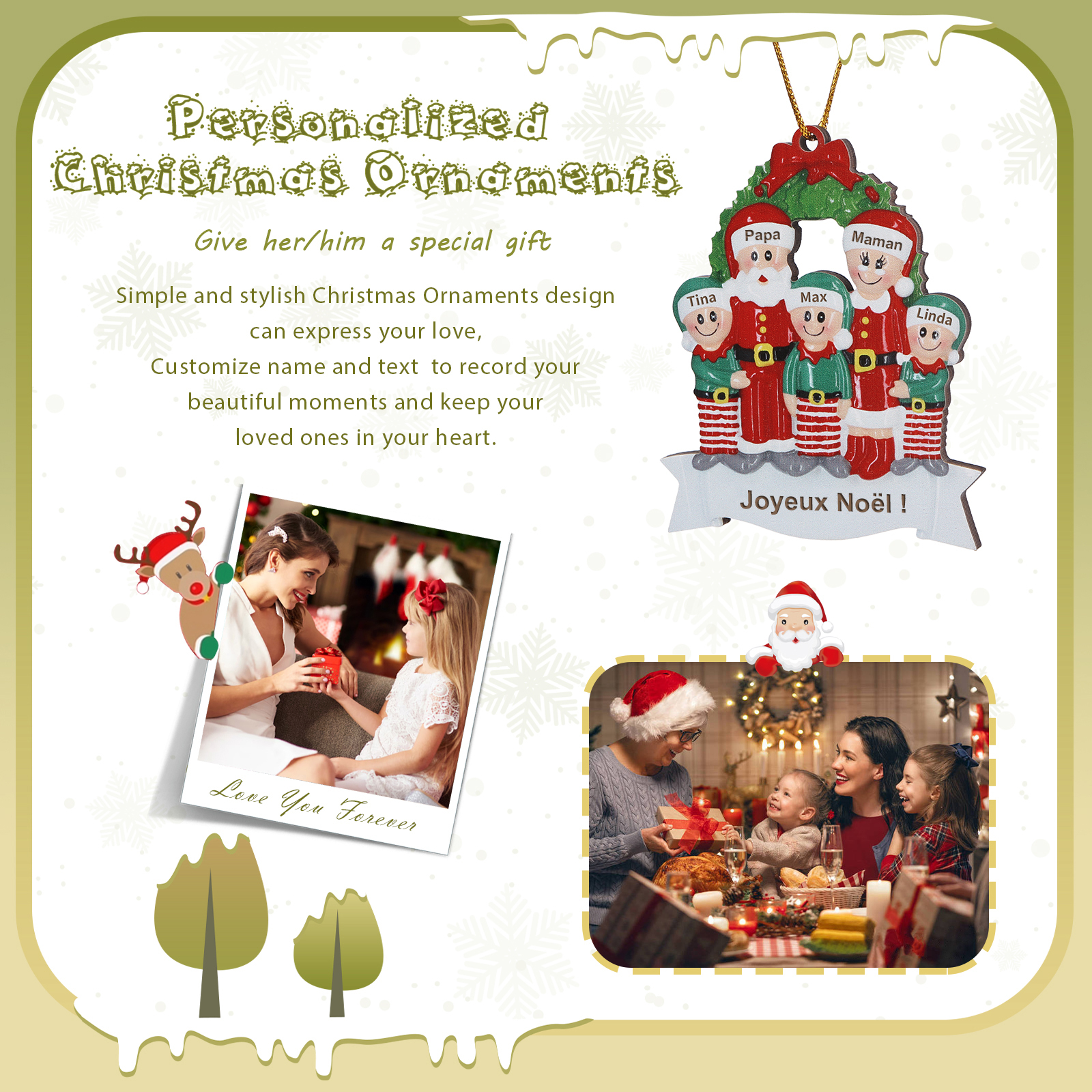 Décoration Sapin Noël en Bois Père Noël couronne de Noël 5 Prénoms Personnalisés avec Texte Cadeau pour Famille | Jessemade