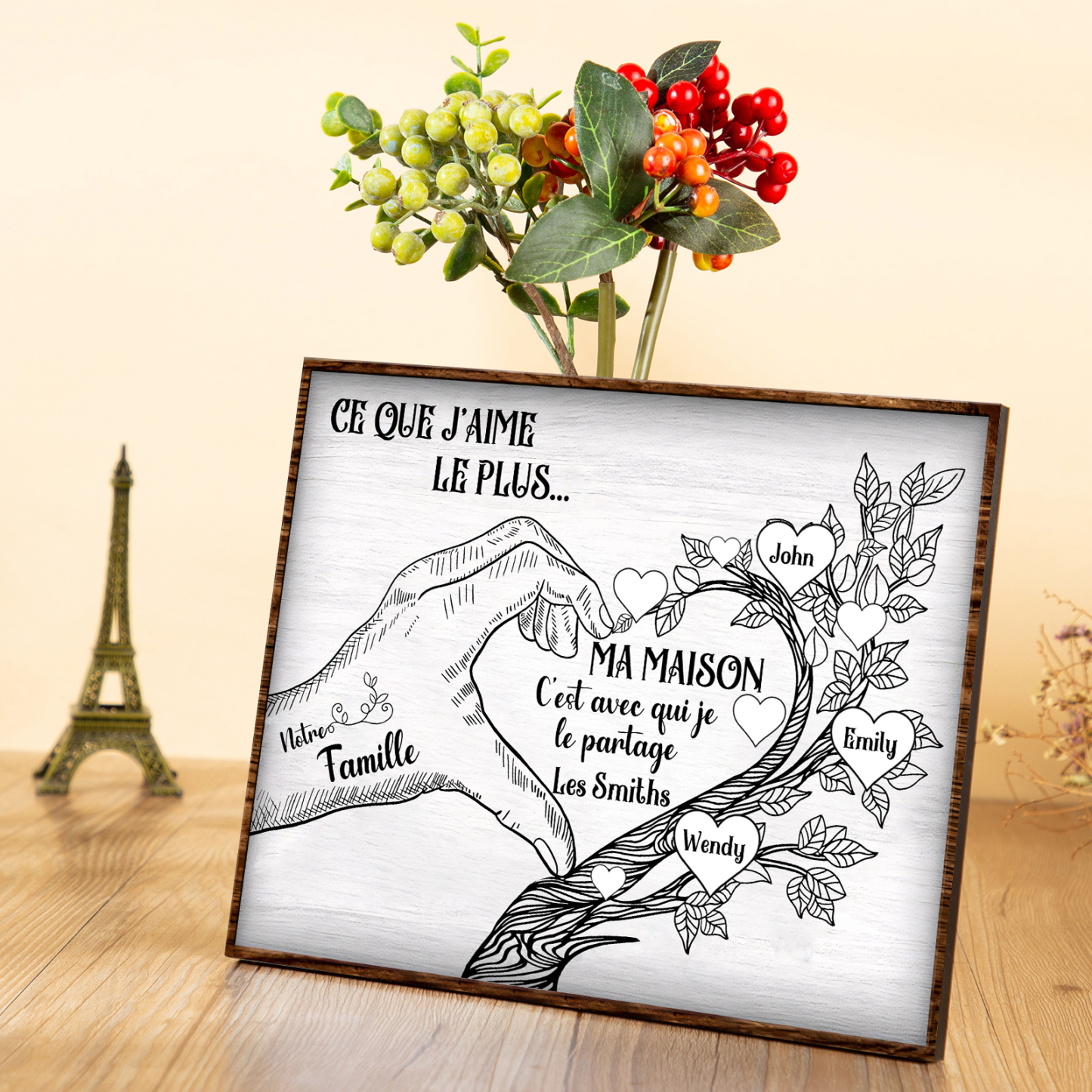 Cadre imprimé en bois main et arbre de la famille 2 Prénoms personnalisés Cadeau pour famille｜Jessemade