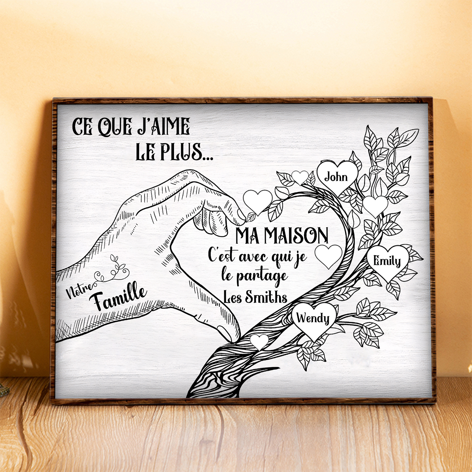 Cadre imprimé en bois main et arbre de la famille 2 Prénoms personnalisés Cadeau pour famille｜Jessemade