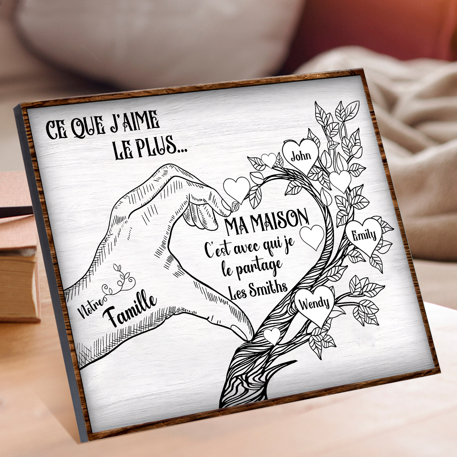 Cadre imprimé en bois main et arbre de la famille 2 Prénoms personnalisés Cadeau pour famille｜Jessemade