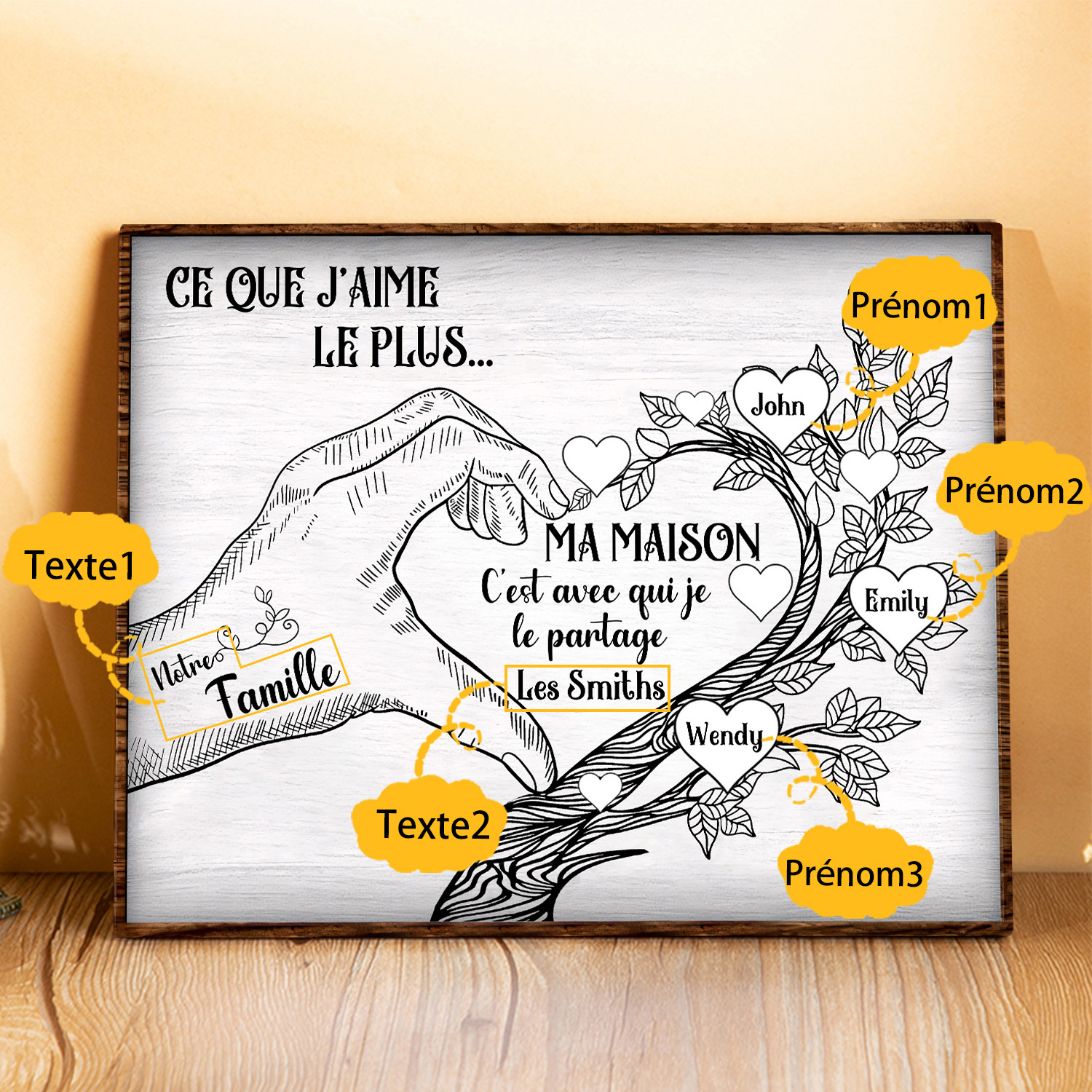 Cadre imprimé en bois main et arbre de la famille 2 Prénoms personnalisés Cadeau pour famille｜Jessemade