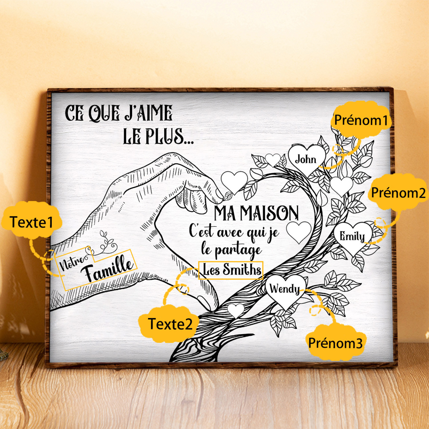 Cadre imprimé en bois main et arbre de la famille 2 Prénoms personnalisés Cadeau pour famille｜Jessemade