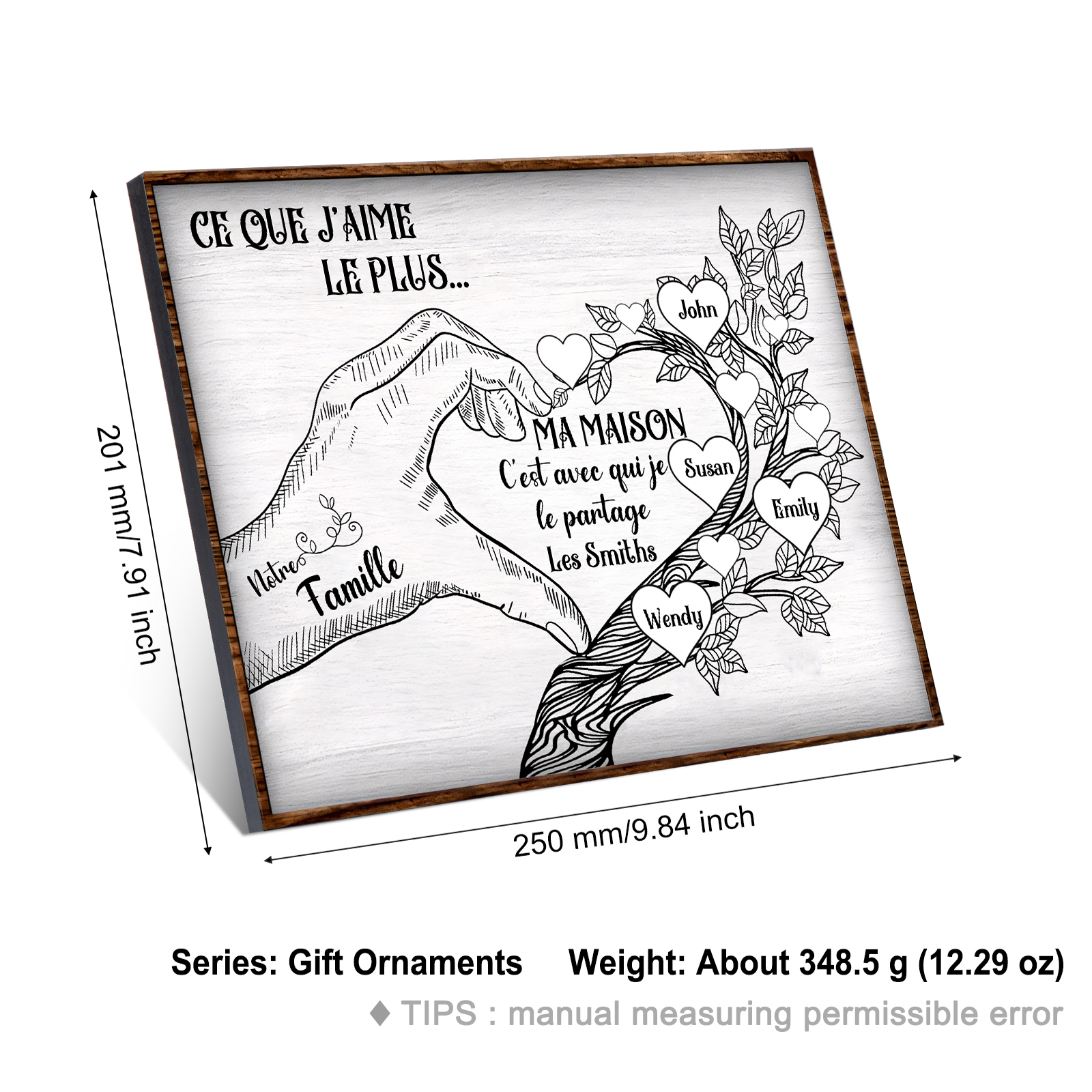 Cadre imprimé en bois main et arbre de la famille 4 Prénoms personnalisés Cadeau pour famille｜Jessemade