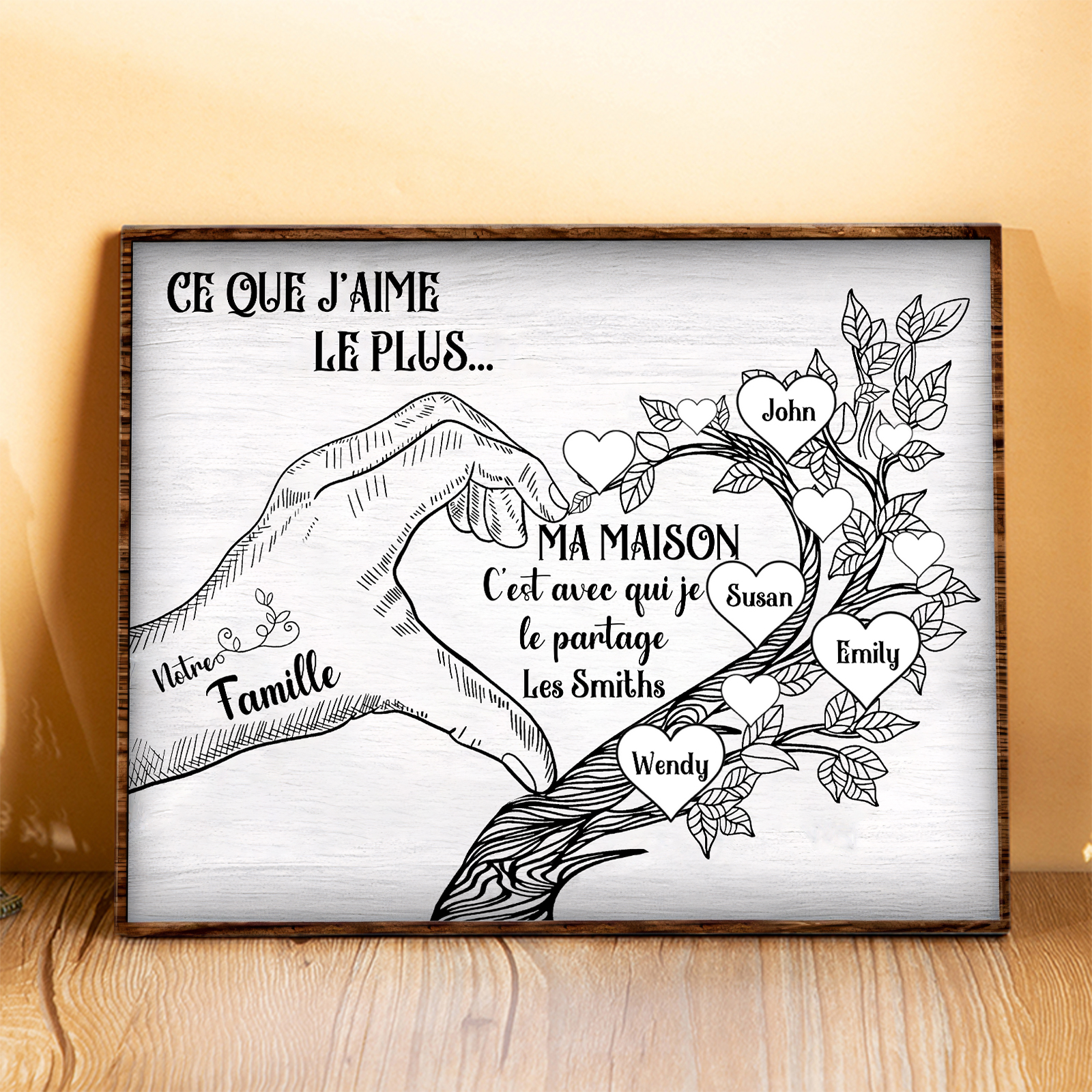 Cadre imprimé en bois main et arbre de la famille 4 Prénoms personnalisés Cadeau pour famille｜Jessemade