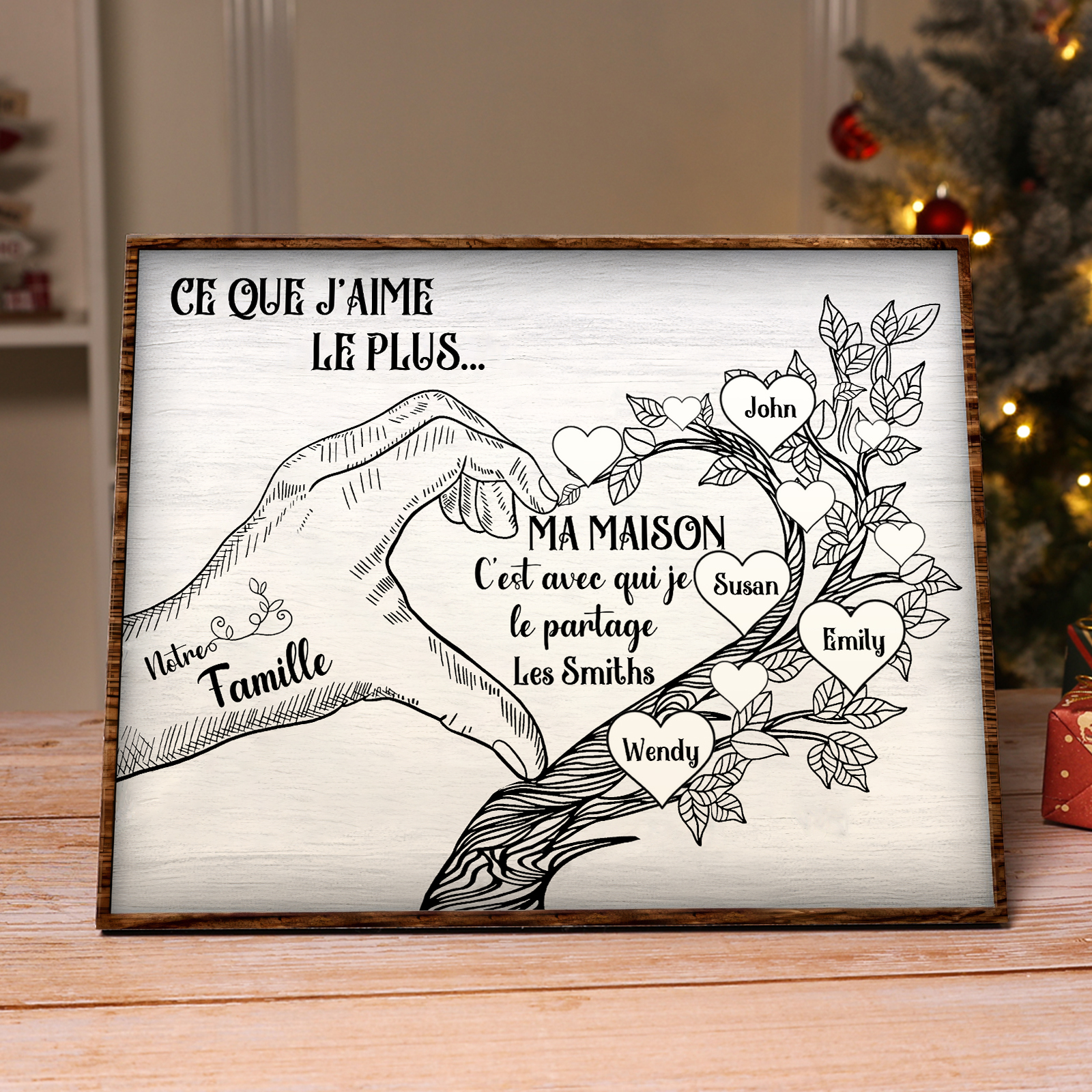 Cadre imprimé en bois main et arbre de la famille 4 Prénoms personnalisés Cadeau pour famille｜Jessemade