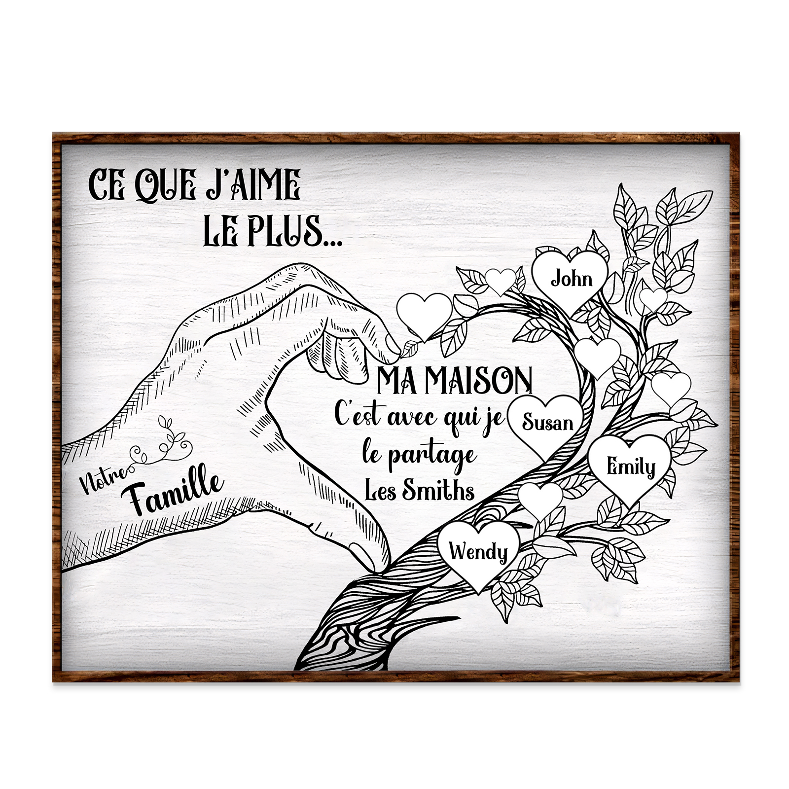 Cadre imprimé en bois main et arbre de la famille 4 Prénoms personnali
