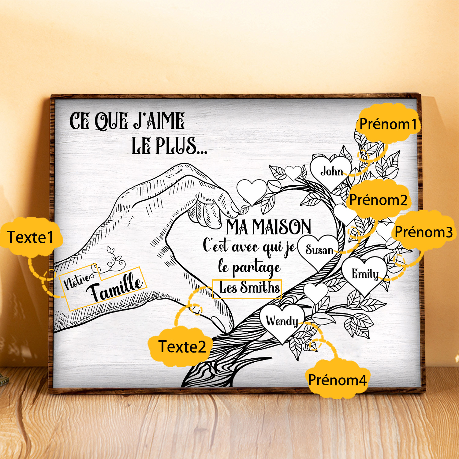 Cadre imprimé en bois main et arbre de la famille 4 Prénoms personnalisés Cadeau pour famille｜Jessemade