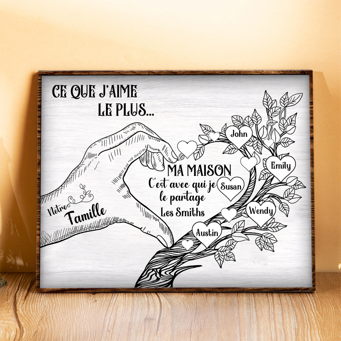 Cadre imprimé en bois main et arbre de la famille 5 Prénoms personnalisés Cadeau pour famille|Jessemade