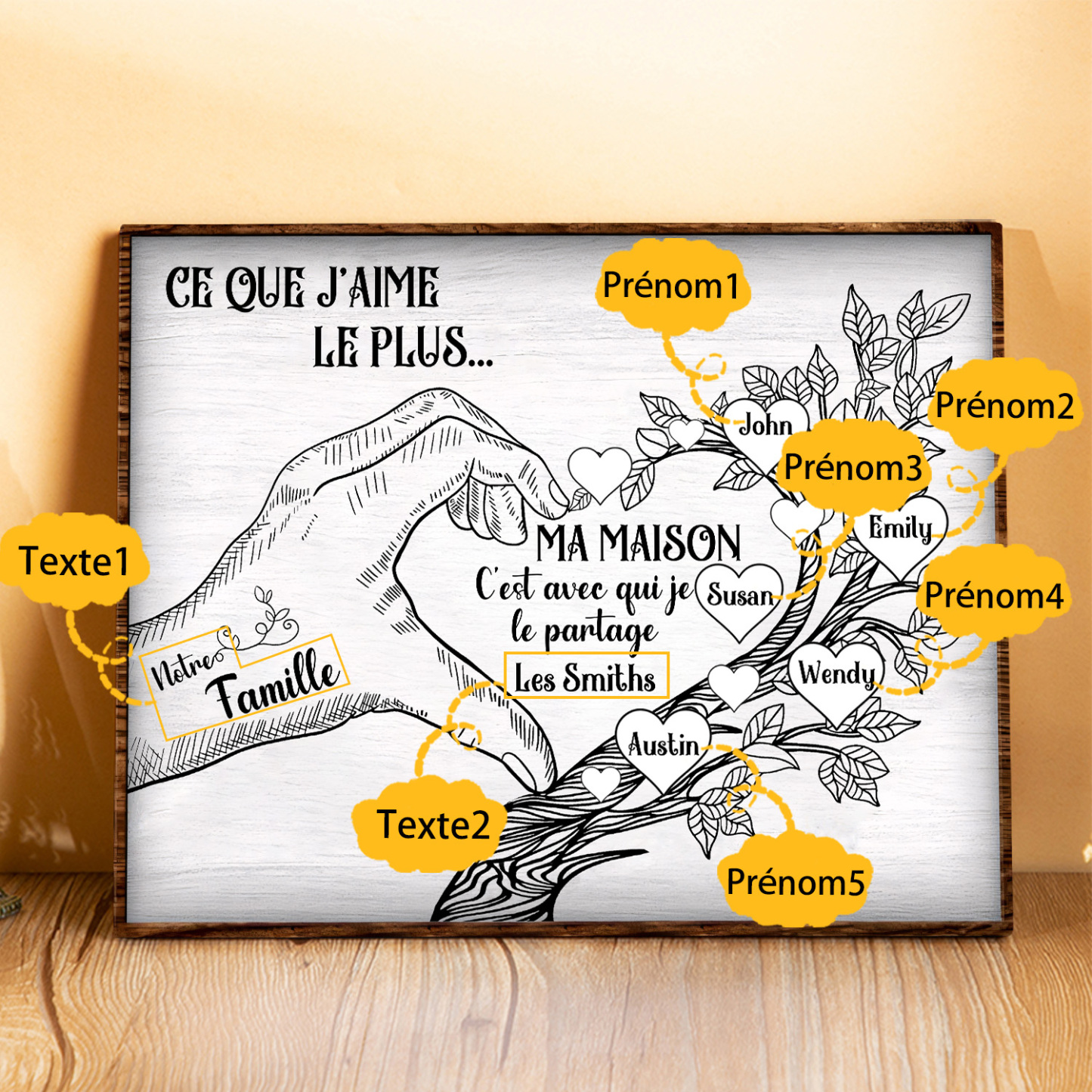 Cadre imprimé en bois main et arbre de la famille 5 Prénoms personnalisés Cadeau pour famille|Jessemade