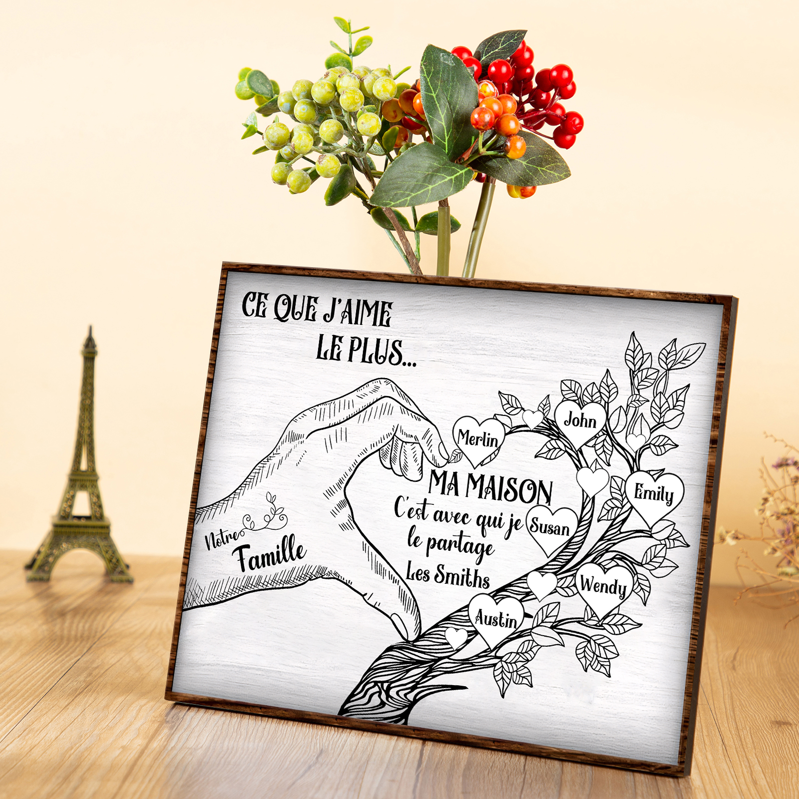 Cadre imprimé en bois main et arbre de la famille 6 Prénoms personnalisés Cadeau pour famille｜Jessemade