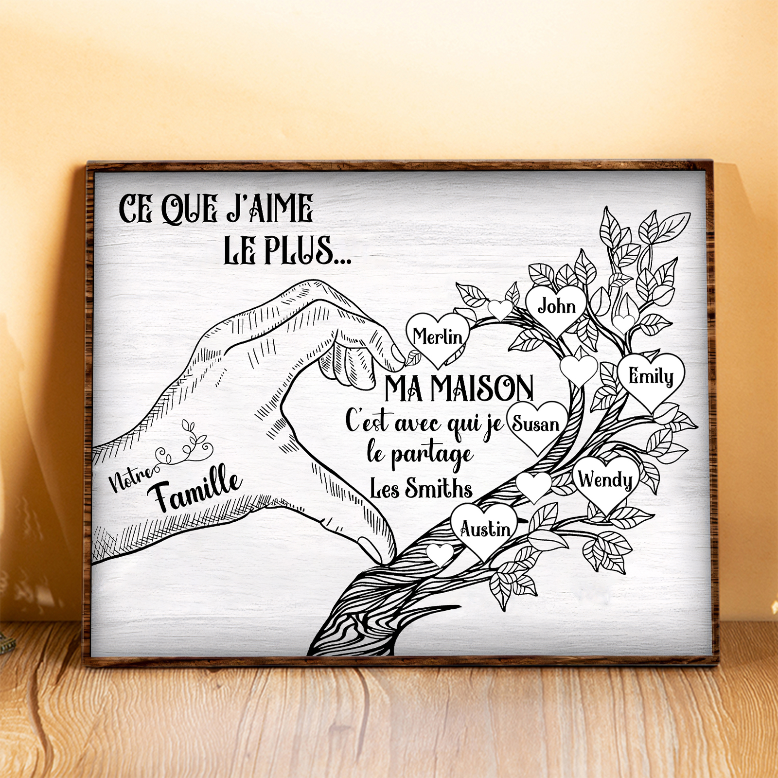 Cadre imprimé en bois main et arbre de la famille 6 Prénoms personnalisés Cadeau pour famille｜Jessemade