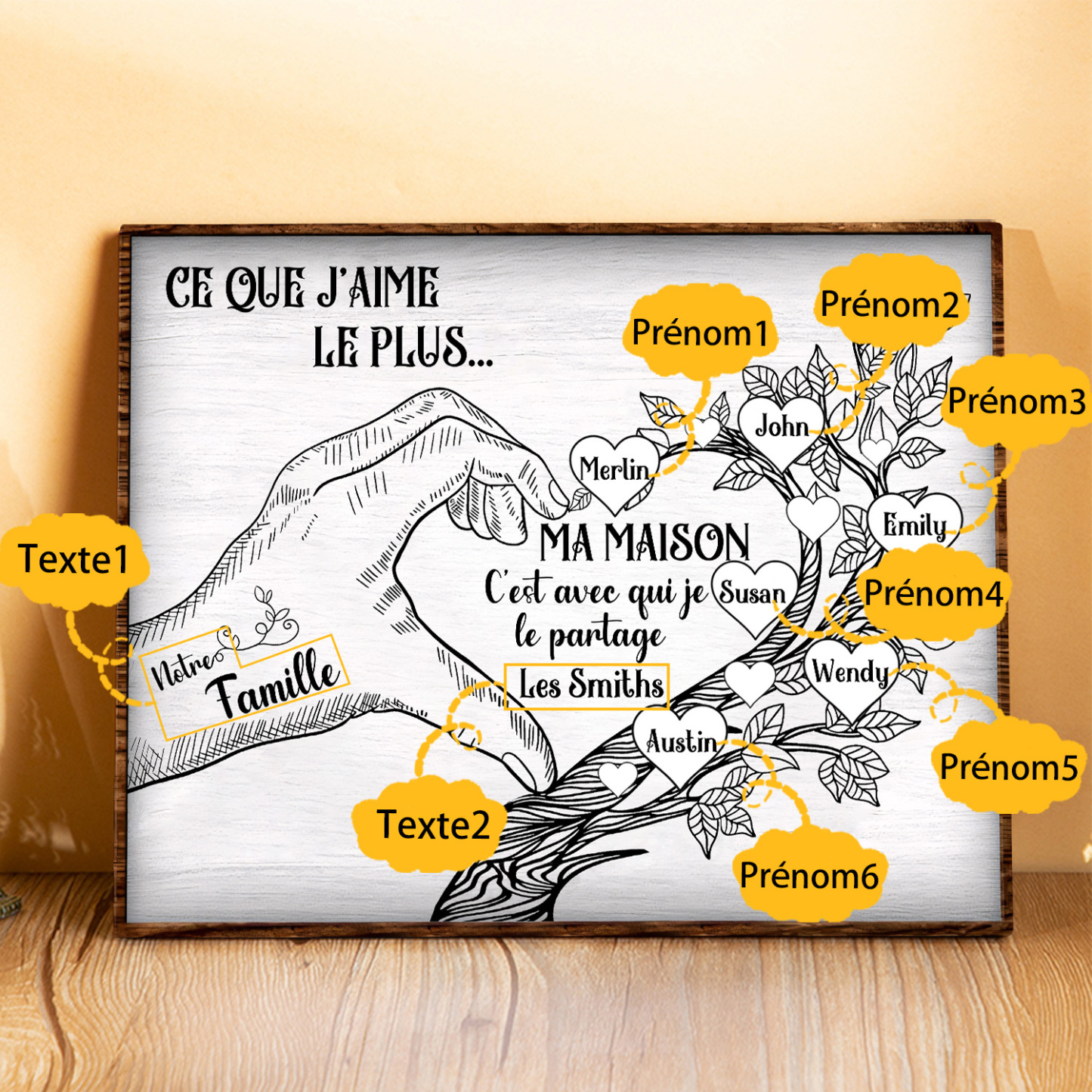 Cadre imprimé en bois main et arbre de la famille 6 Prénoms personnalisés Cadeau pour famille|Jessemade