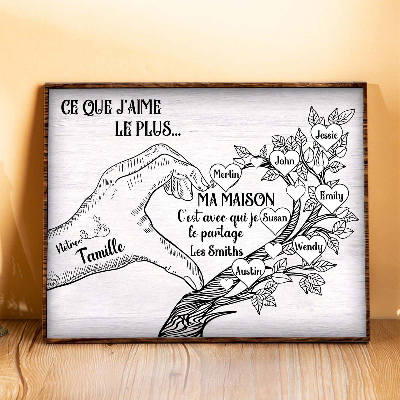 Cadre imprimé en bois main et arbre de la famille 7 Prénoms personnalisés Cadeau pour famille｜Jessemade