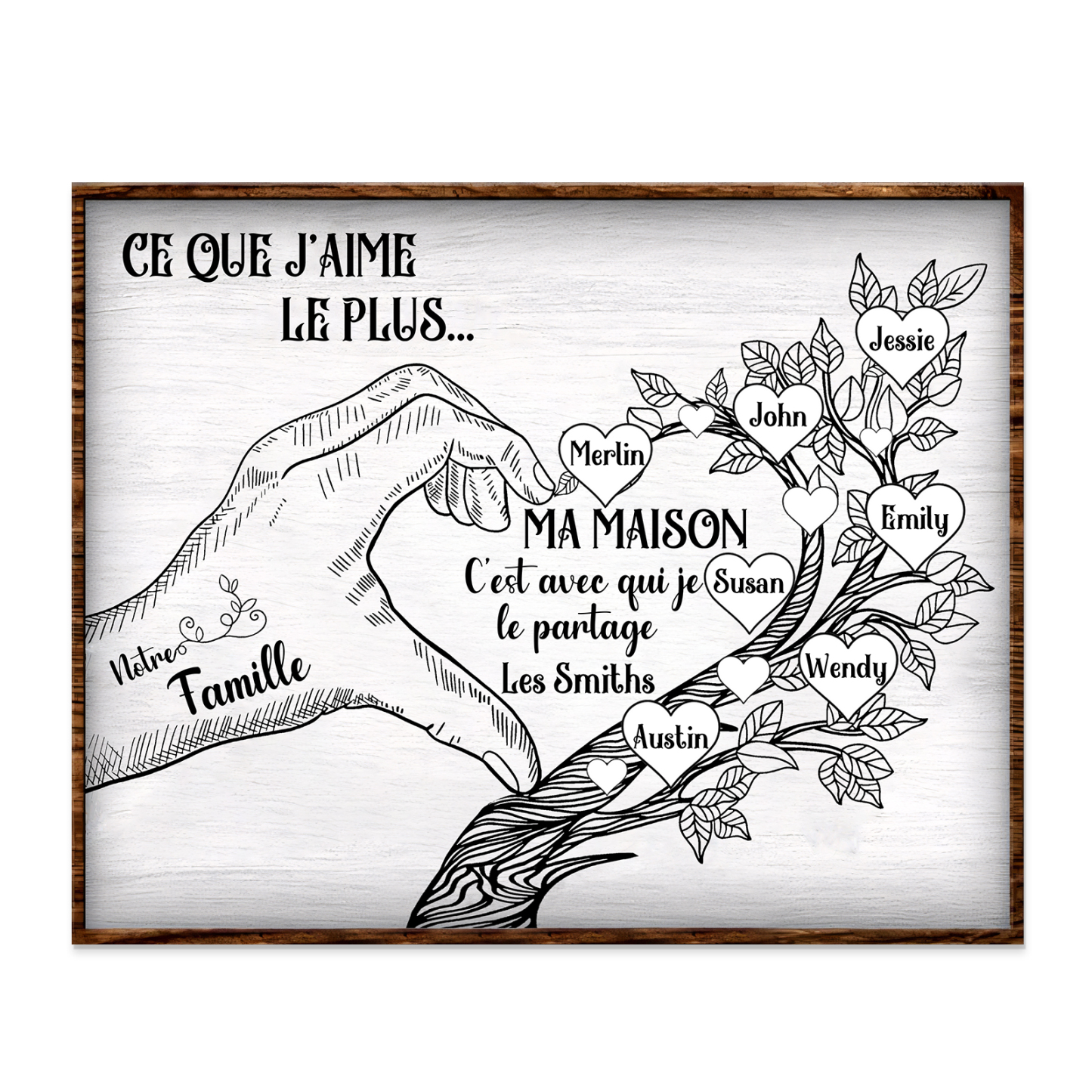 Cadre imprimé en bois main et arbre de la famille 7 Prénoms personnali