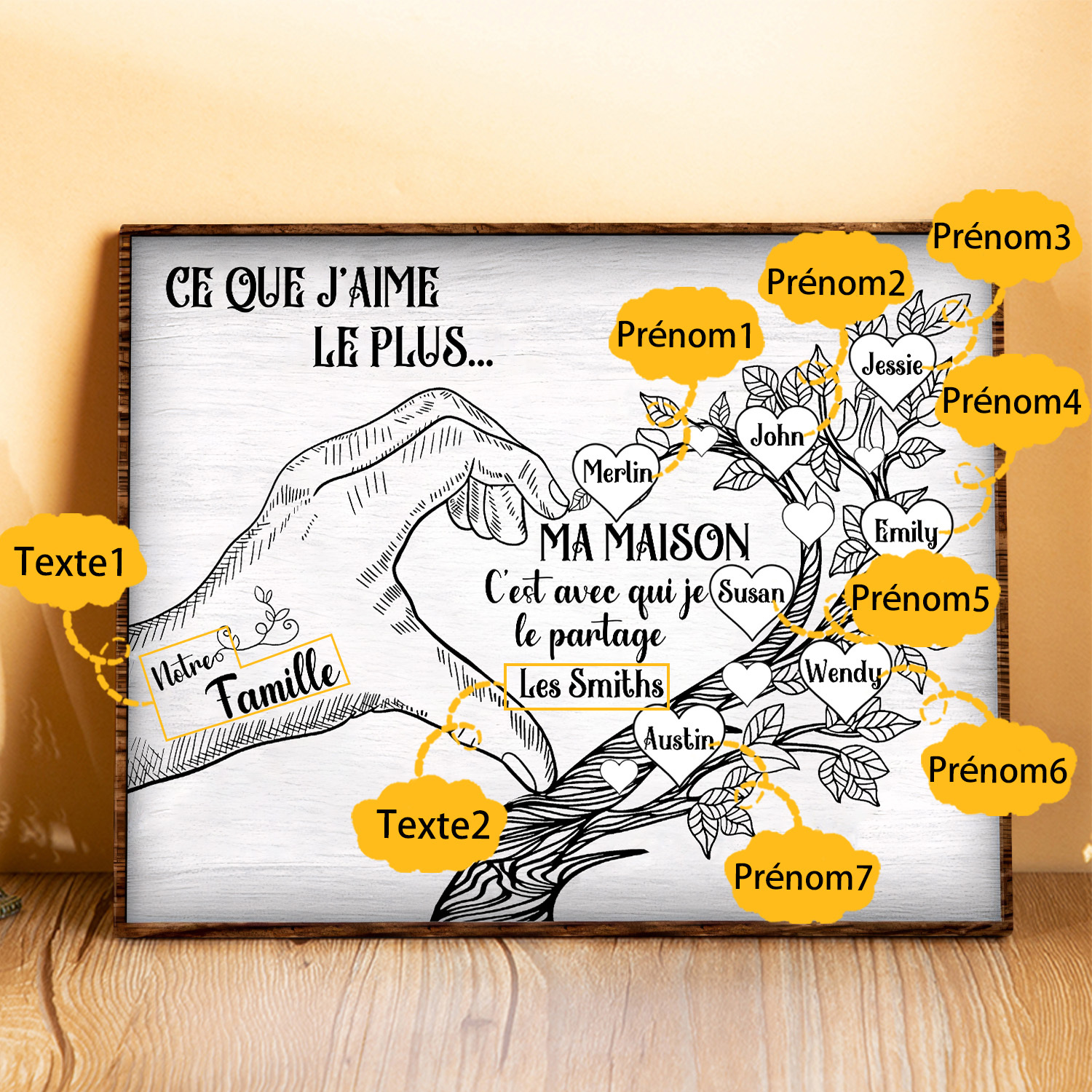 Cadre imprimé en bois main et arbre de la famille 7 Prénoms personnalisés Cadeau pour famille|Jessemade