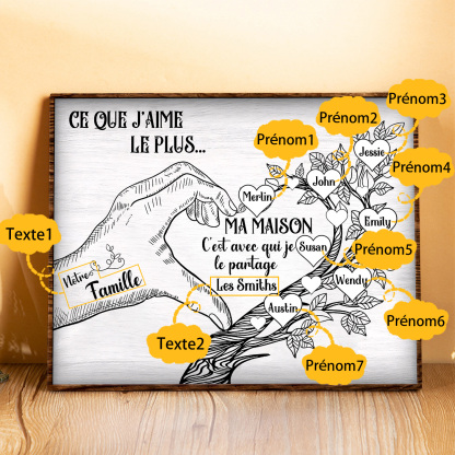 Cadre imprimé en bois main et arbre de la famille 7 Prénoms personnalisés Cadeau pour famille｜Jessemade