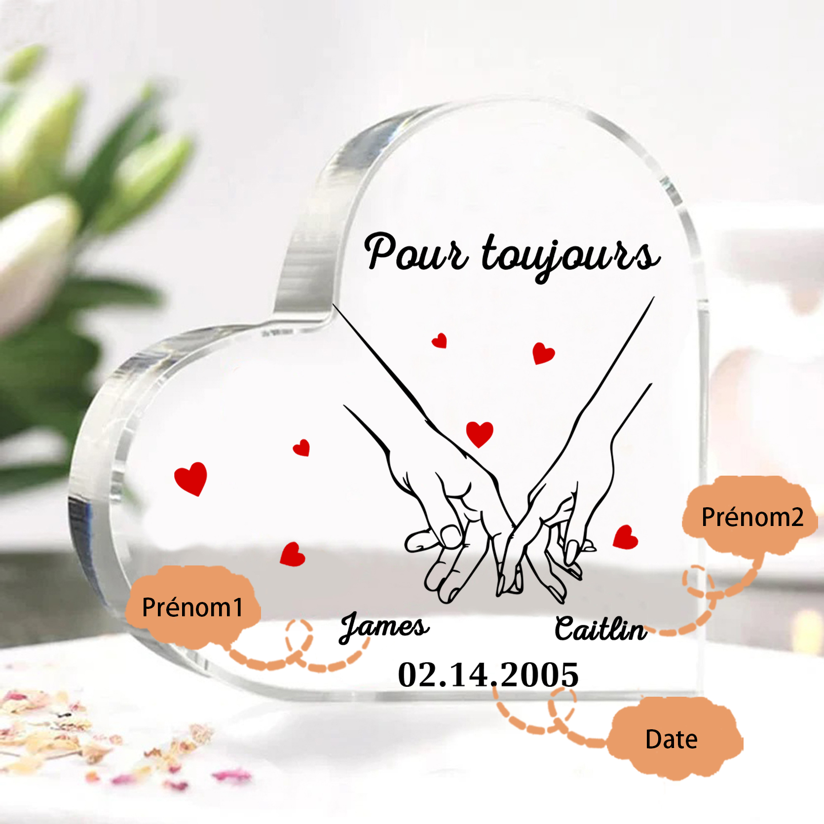 Bougeoir en Bois 2 Prénoms Personnalisés avec année sans bougie Cadeau du saint-valentin pour Couple | Jessemade | Jessemade