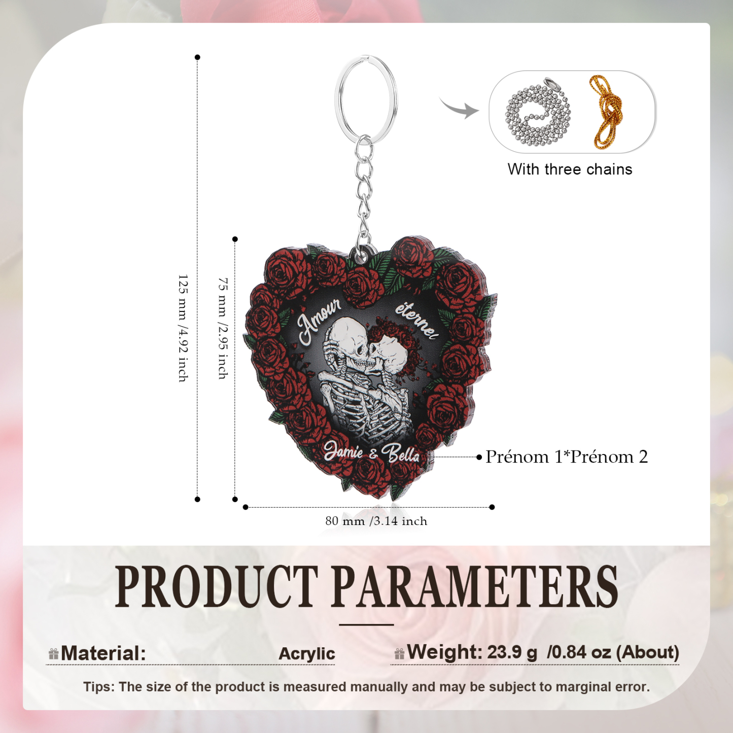 Porte-clés Cœur en Acrylique 2 Prénoms Personnalisés Ornements Cœur pour Couple Saint-valentin | Jessemade