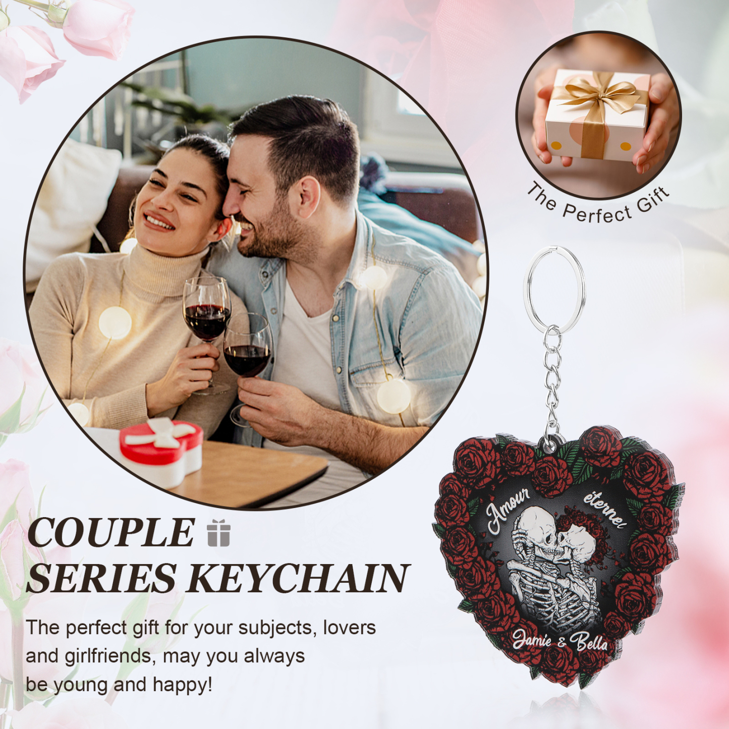 Porte-clés Cœur en Acrylique 2 Prénoms Personnalisés Ornements Cœur pour Couple Saint-valentin | Jessemade