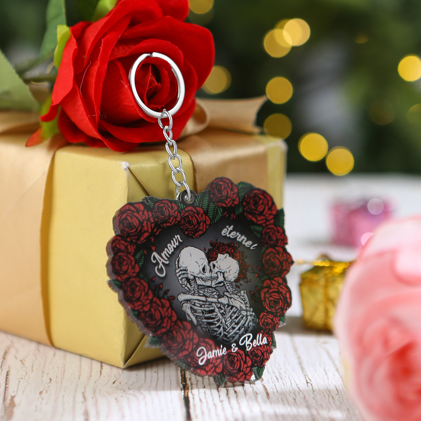 Porte-clés Cœur en Acrylique 2 Prénoms Personnalisés Ornements Cœur pour Couple Saint-valentin | Jessemade
