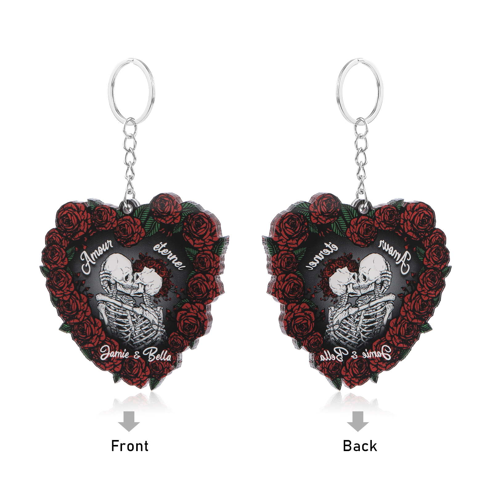 Porte-clés Cœur en Acrylique 2 Prénoms Personnalisés Ornements Cœur pour Couple Saint-valentin | Jessemade