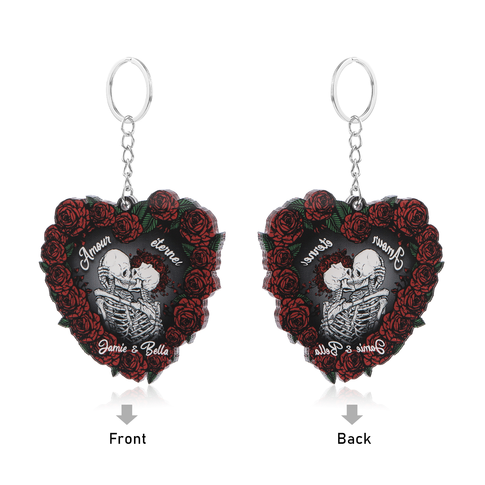 Porte-clés Cœur en Acrylique 2 Prénoms Personnalisés Ornements Cœur pour Couple Saint-valentin | Jessemade