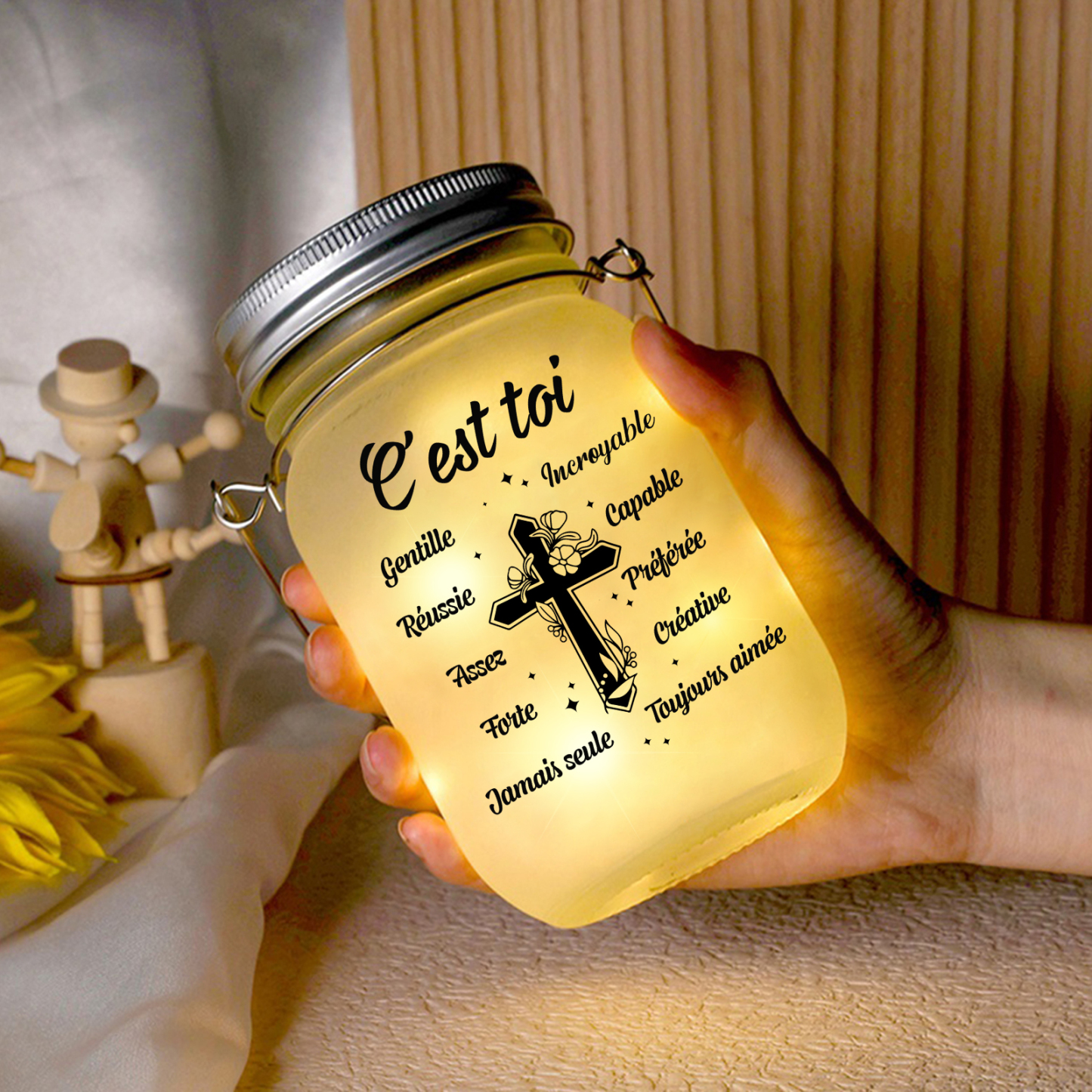 Bouteille lumineuse Croix 1 prénom personnalisé avec fleur du naissance Verre | Jessemade