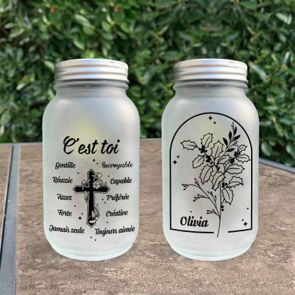 Bouteille lumineuse Croix 1 prénom personnalisé avec fleur du naissance Verre | Jessemade