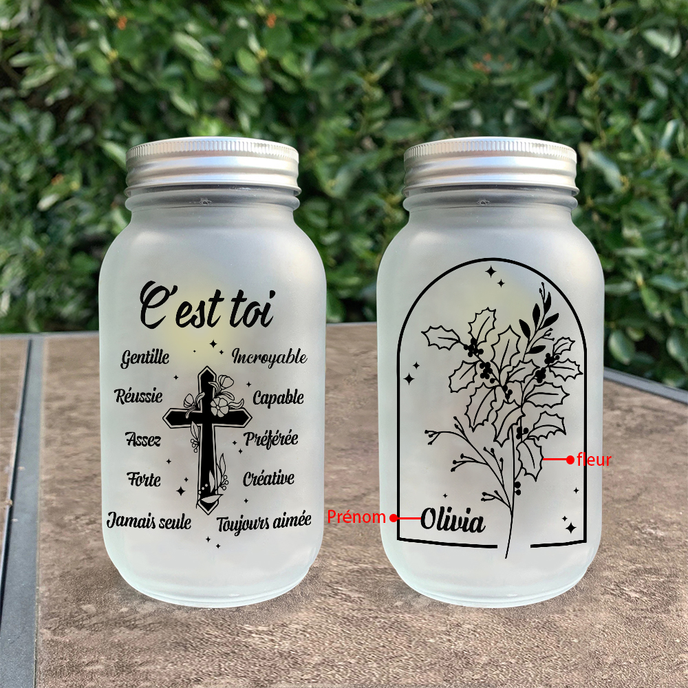 Bouteille lumineuse Croix 1 prénom personnalisé avec fleur du naissance Verre | Jessemade