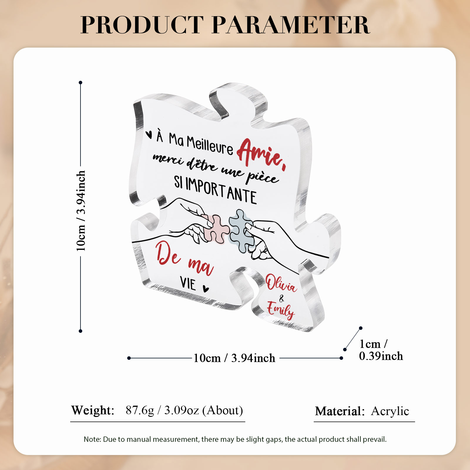 Plaque Acrylique en forme de Puzzle 2 prénoms Personnalisés Cadeau pour amie | Jessemade