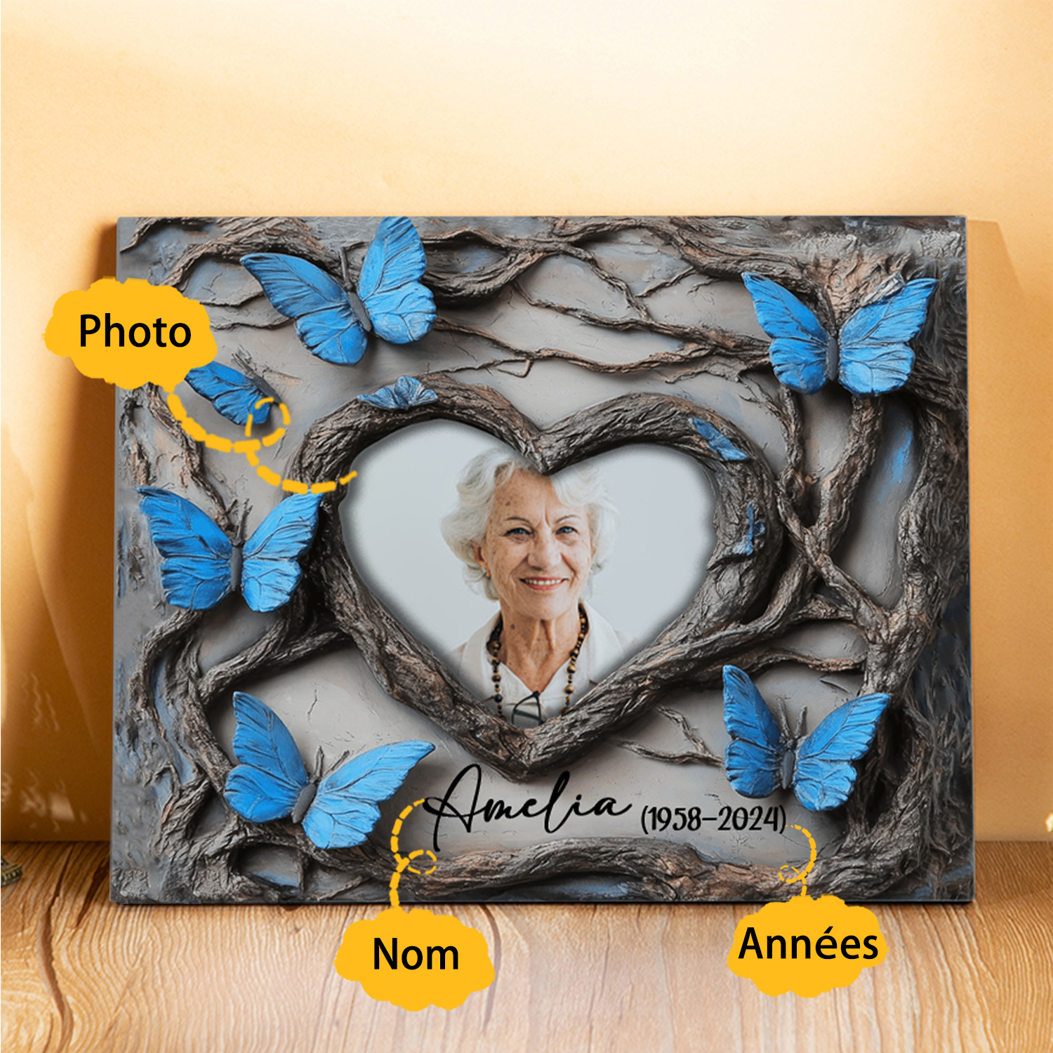 À Mamie /Papi Cadre en bois Commémoratif Papillon bleu1 Prénom personnalisé avec photo et annéns Cadeau pour mamie ou papi | Jessemade
