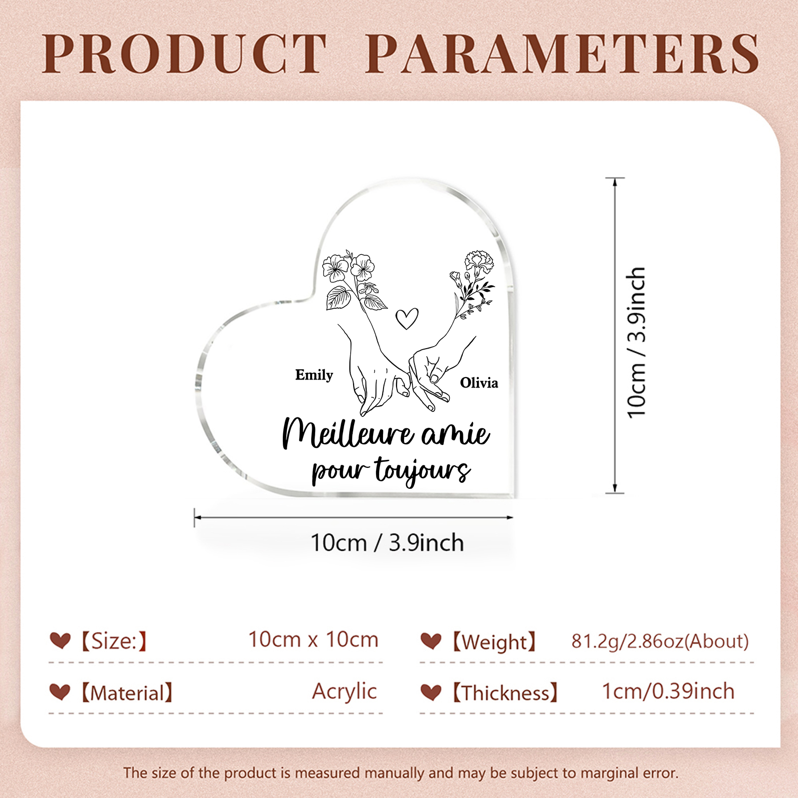 Plaque Acrylique en Forme de Coeur La Main Dans La Main 2 prénoms Personnalisé avec fleur de naissance Cadeau pour amie | Jessemade