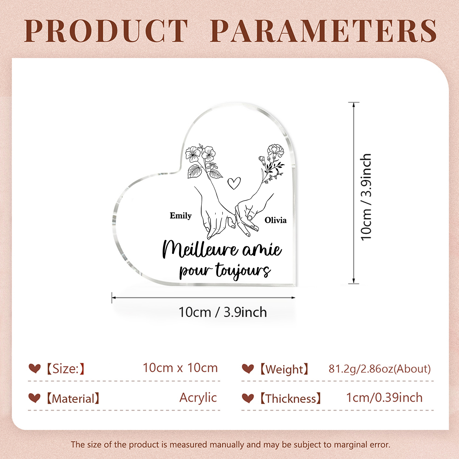 Plaque Acrylique en Forme de Coeur La Main Dans La Main 2 prénoms Personnalisé avec fleur de naissance Cadeau pour amie | Jessemade