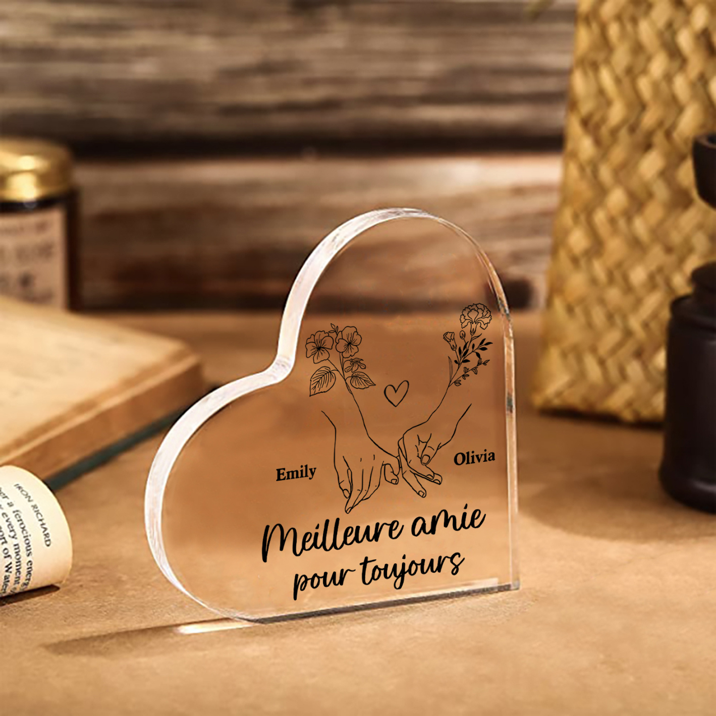 Plaque Acrylique en Forme de Coeur La Main Dans La Main 2 prénoms Personnalisé avec fleur de naissance Cadeau pour amie | Jessemade