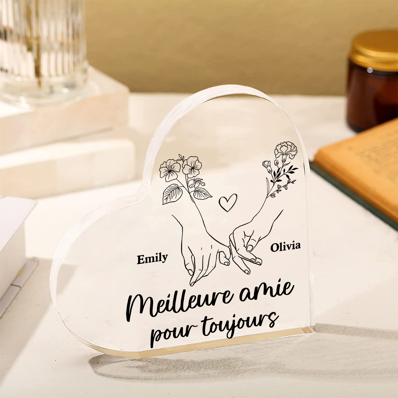 Plaque Acrylique en Forme de Coeur La Main Dans La Main 2 prénoms Personnalisé avec fleur de naissance Cadeau pour amie | Jessemade
