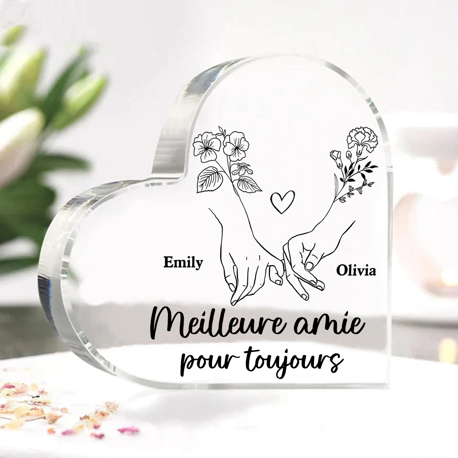 Plaque Acrylique en Forme de Coeur La Main Dans La Main 2 prénoms Personnalisé avec fleur de naissance Cadeau pour amie | Jessemade