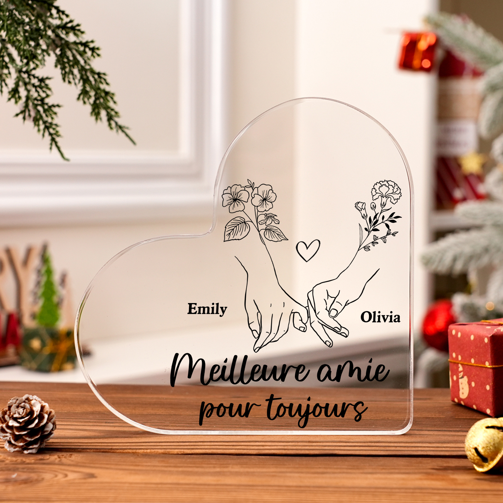 Plaque Acrylique en Forme de Coeur La Main Dans La Main 2 prénoms Personnalisé avec fleur de naissance Cadeau pour amie | Jessemade