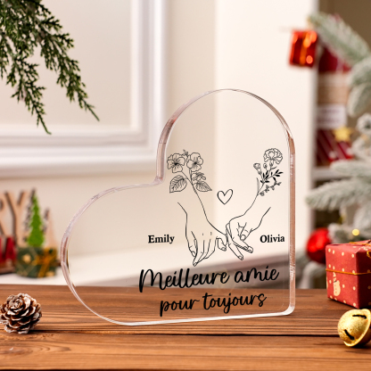 Plaque Acrylique en Forme de Coeur La Main Dans La Main 2 prénoms Personnalisé avec fleur de naissance Cadeau pour amie | Jessemade
