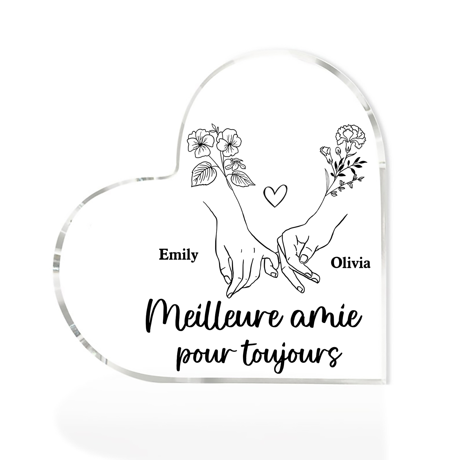 Plaque Acrylique en Forme de Coeur La Main Dans La Main 2 prénoms Personnalisé avec fleur de naissance Cadeau pour amie | Jessemade