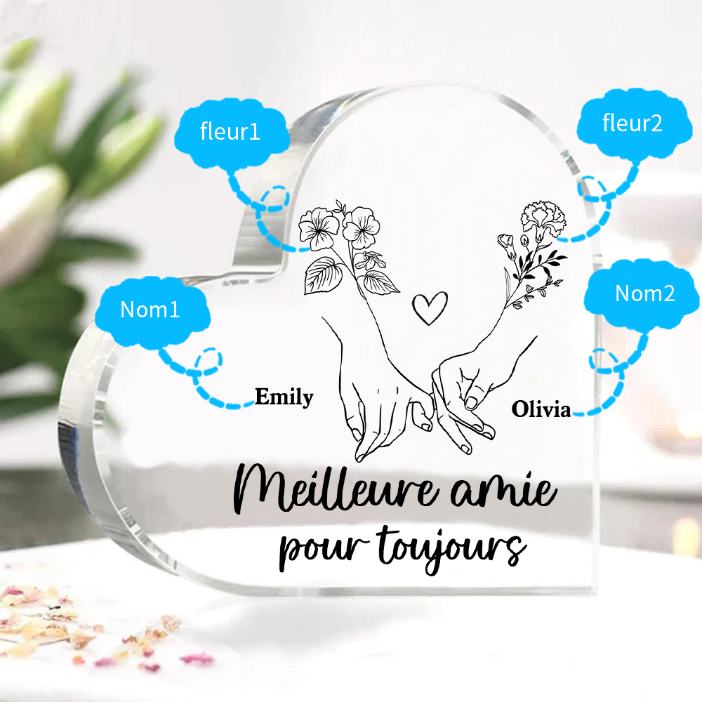 Plaque Acrylique en Forme de Coeur La Main Dans La Main 2 prénoms Personnalisé avec fleur de naissance Cadeau pour amie | Jessemade