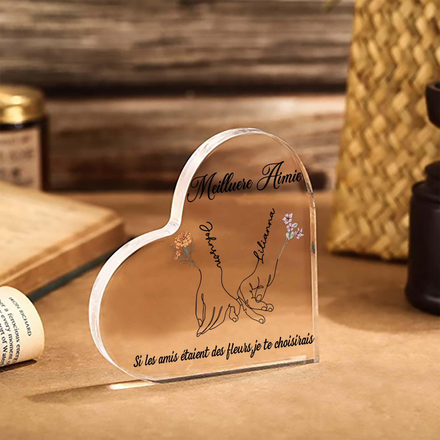 Plaque Acrylique en Forme de Coeur La Main Dans La Main 2 prénoms Personnalisé avec 2 textes et fleur de naissance Cadeau pour amie | Jessemade