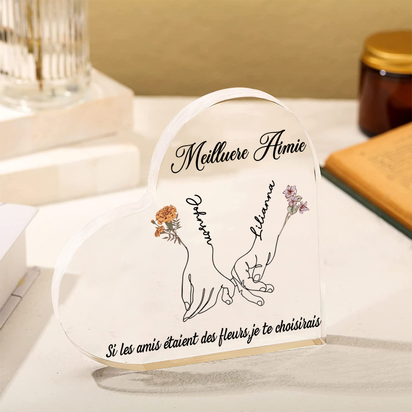Plaque Acrylique en Forme de Coeur La Main Dans La Main 2 prénoms Personnalisé avec 2 textes et fleur de naissance Cadeau pour amie | Jessemade