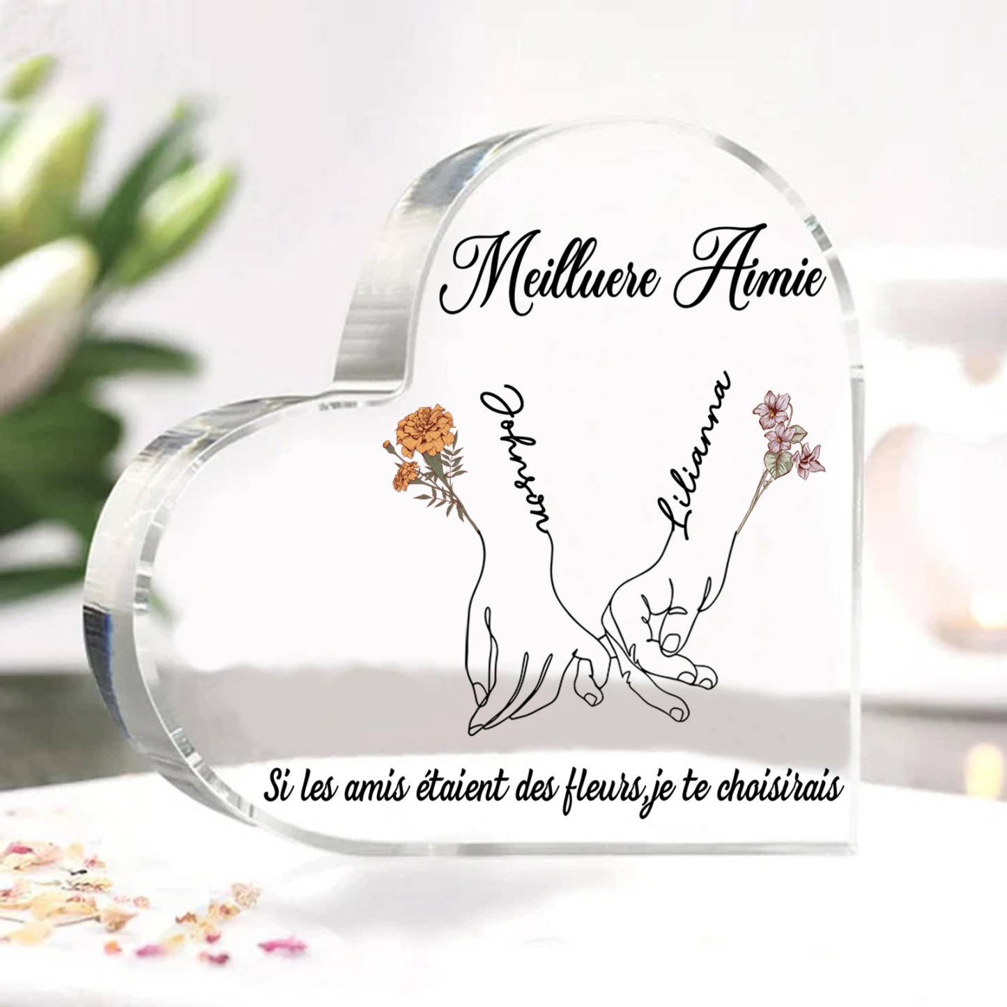 Plaque Acrylique en Forme de Coeur La Main Dans La Main 2 prénoms Personnalisé avec 2 textes et fleur de naissance Cadeau pour amie | Jessemade