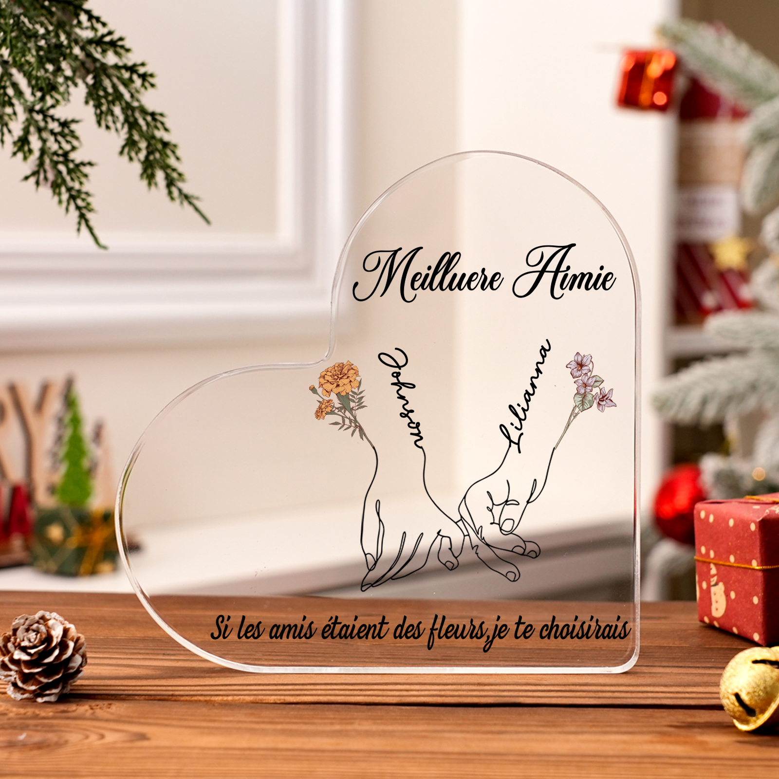 Plaque Acrylique en Forme de Coeur La Main Dans La Main 2 prénoms Personnalisé avec 2 textes et fleur de naissance Cadeau pour amie | Jessemade